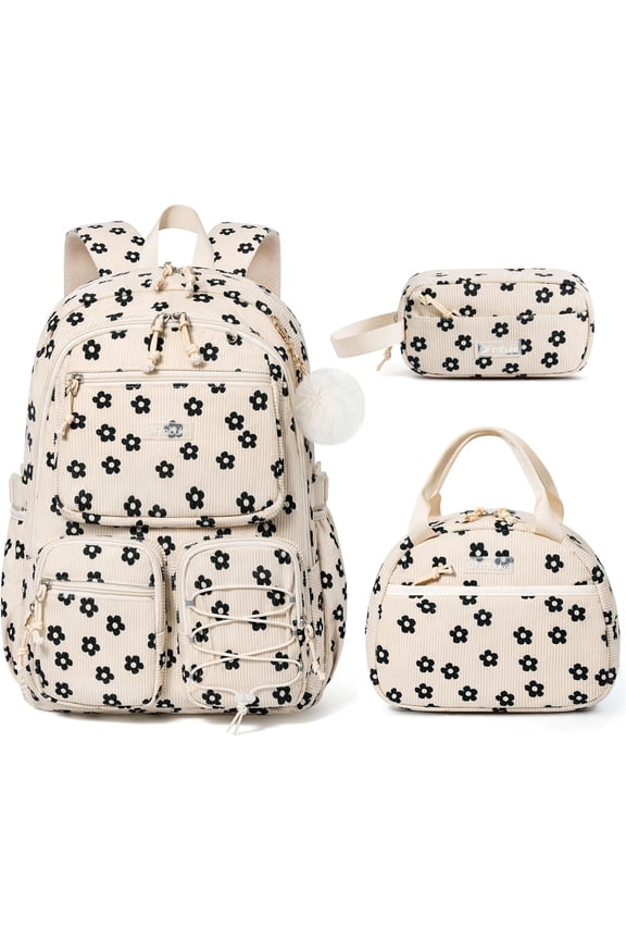 School Backpack 3 Sets for Kids Girls Corduroy Backpack with Lunch Bag & Pencil Pouch for Teen Kid Laptop Backpack for Women Elementary Middle High School Bookbag Travel Daypack