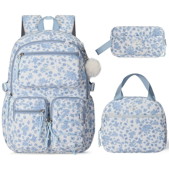DAKIMOE School Backpack 3 Sets Corduroy Backpack for Teen Laptop Backpack for Women Middle High School Bookbag Travel Daypack