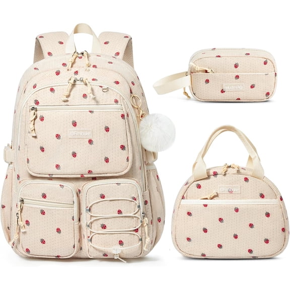 DAKIMOE School Backpack 3 Sets for Kids Girls Corduroy Backpack with Lunch Bag & Pencil Pouch for Teen Kid Laptop Backpack for Women Elementary Middle High School Bookbag Travel Daypack