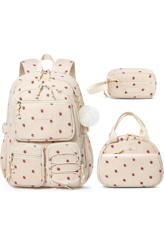 School Backpack 3 Sets for Kids Girls Corduroy Backpack with Lunch Bag & Pencil Pouch for Teen Kid Laptop Backpack for Women Elementary Middle High School Bookbag Travel Daypack