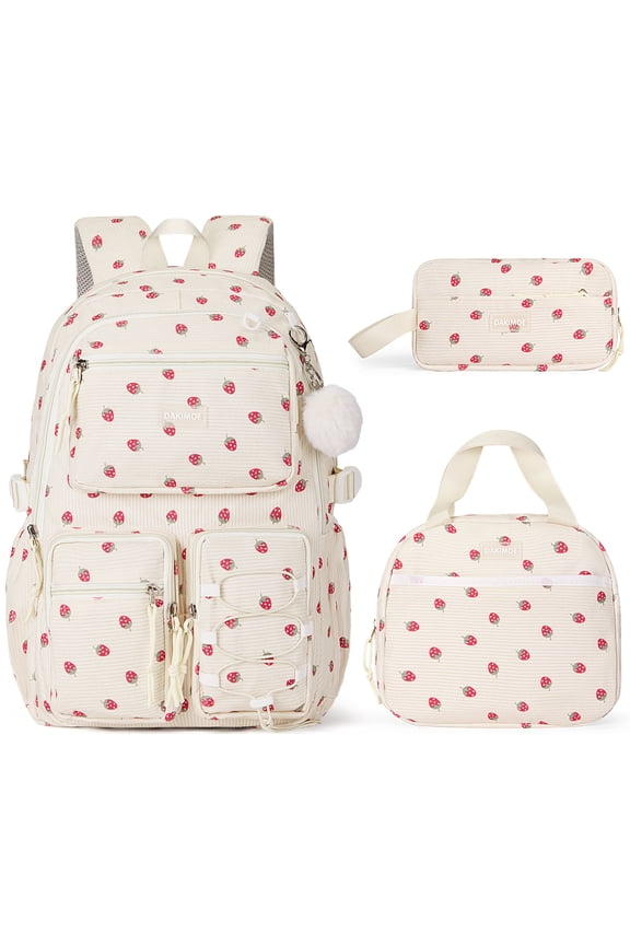 School Backpack 3 Sets for Kids Girls Corduroy Backpack with Lunch Bag & Pencil Pouch for Teen Kid Laptop Backpack for Women Elementary Middle High School Bookbag Travel Daypack