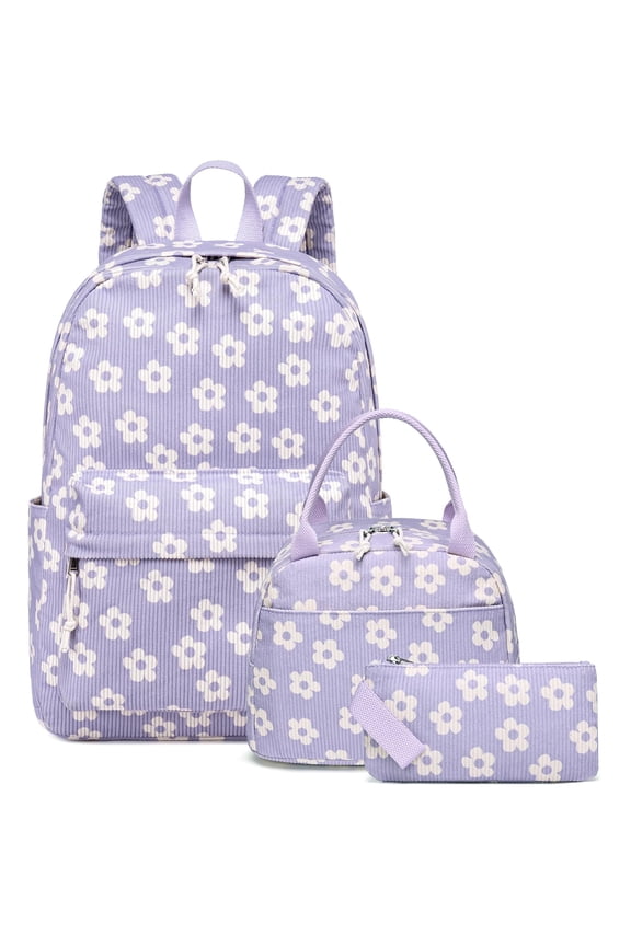 School Backpack 3 Sets for Kids Girls Corduroy Backpack with Lunch Bag & Pencil Pouch for Teen Kid Laptop Backpack for Women Elementary Middle High School Bookbag Travel Daypack