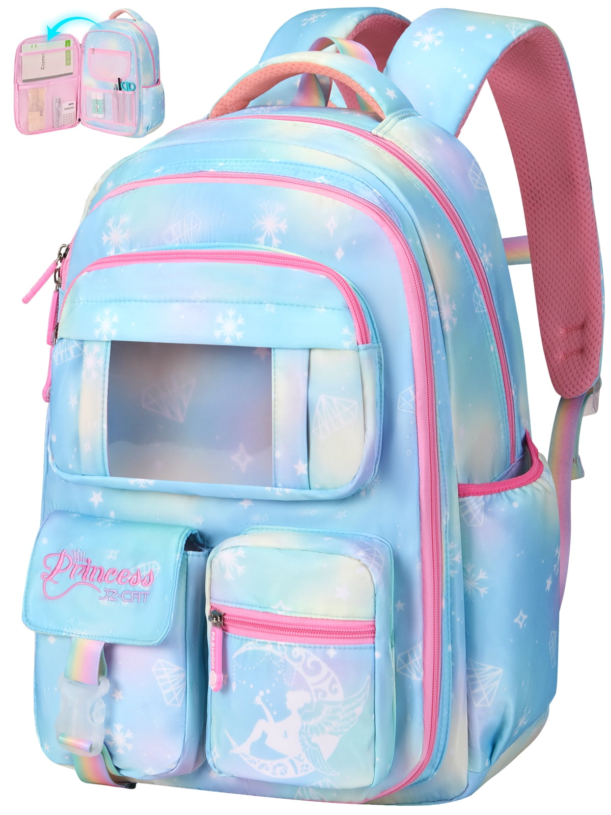 DAKIMOE School Backpack Book Bags Primary Middle School Bags for Kids Girls Teens Back to School Large Bookbags with Multi Pocket for 7-14 Years Pink