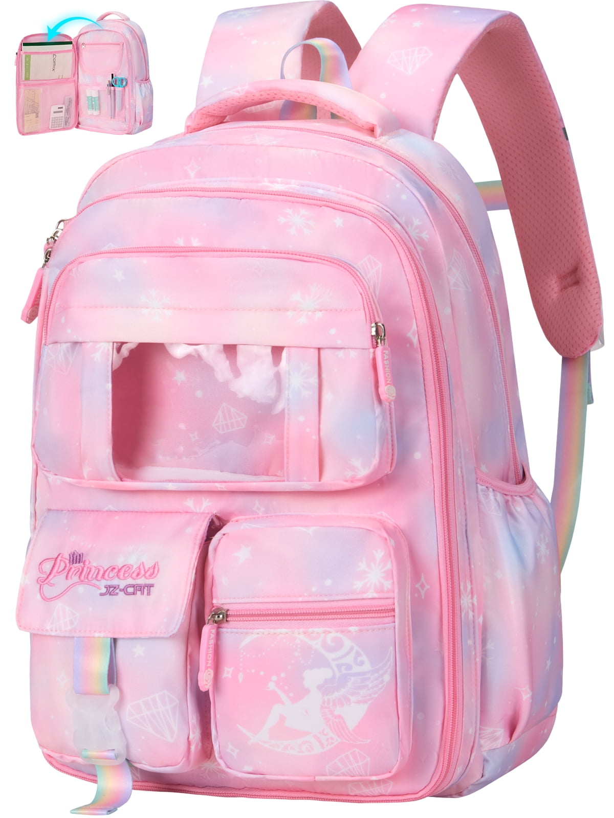 DAKIMOE School Backpack Book Bags Middle School Bags for Kids Girls Teens Back to School Large Bookbags with Multi Pocket for 7-14 Years Pink
