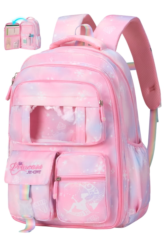 School Backpack Book Bags Middle School Bags for Kids Girls Teens Back to School Large Bookbags with Multi Pocket for 7-14 Years Pink