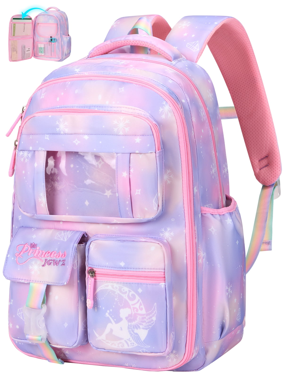 DAKIMOE School Backpack Book Bags Primary Middle School Bags for Kids Girls Teens Back to School Large Bookbags with Multi Pocket for 7-14 Years Purple