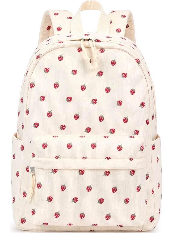 School Backpack for Kids Teens Girls Cute Girlish Middle High School Bookbag Large Capacity Lightweight Daypack for College Students Beige Strawberry