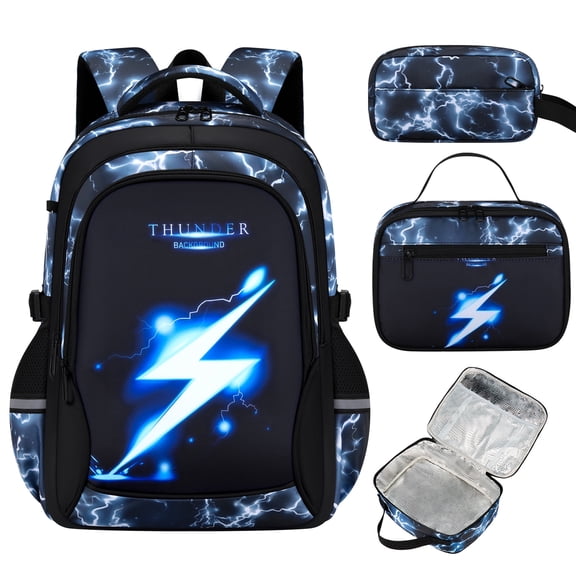 Inadays Kids Backpack for Boys School Backpack Kindergarten Elementary Middle High School Bookbags for 6-18 Years Teen Student 3 Set Lunch Bag and Pencil Pouch Blue Flash