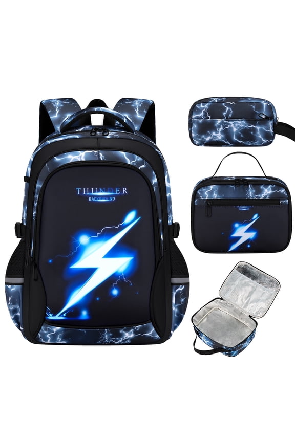 Kids Backpack for Boys School Backpack Kindergarten Elementary Middle High School Bookbags for 6-18 Years Teen Student 3 Set Lunch Bag and Pencil Pouch Blue Flash