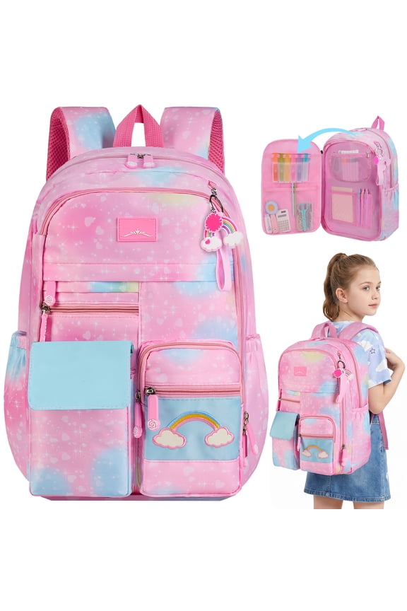 School Backpack Pink Starry Rainbow Bookbag Cute Large Capacity Backpack Multifunction Fashion Casual Laptop Travel Daypacks Kawaii Bag For Teens Students, 17 inch