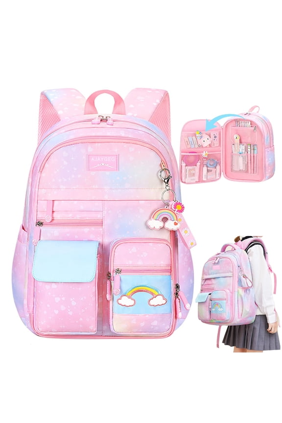 School Backpack Pink Starry Rainbow Bookbag Cute Large Capacity Backpack Multifunction Fashion Casual Laptop Travel Daypacks Kawaii Bag For Teens Students, 17 inch