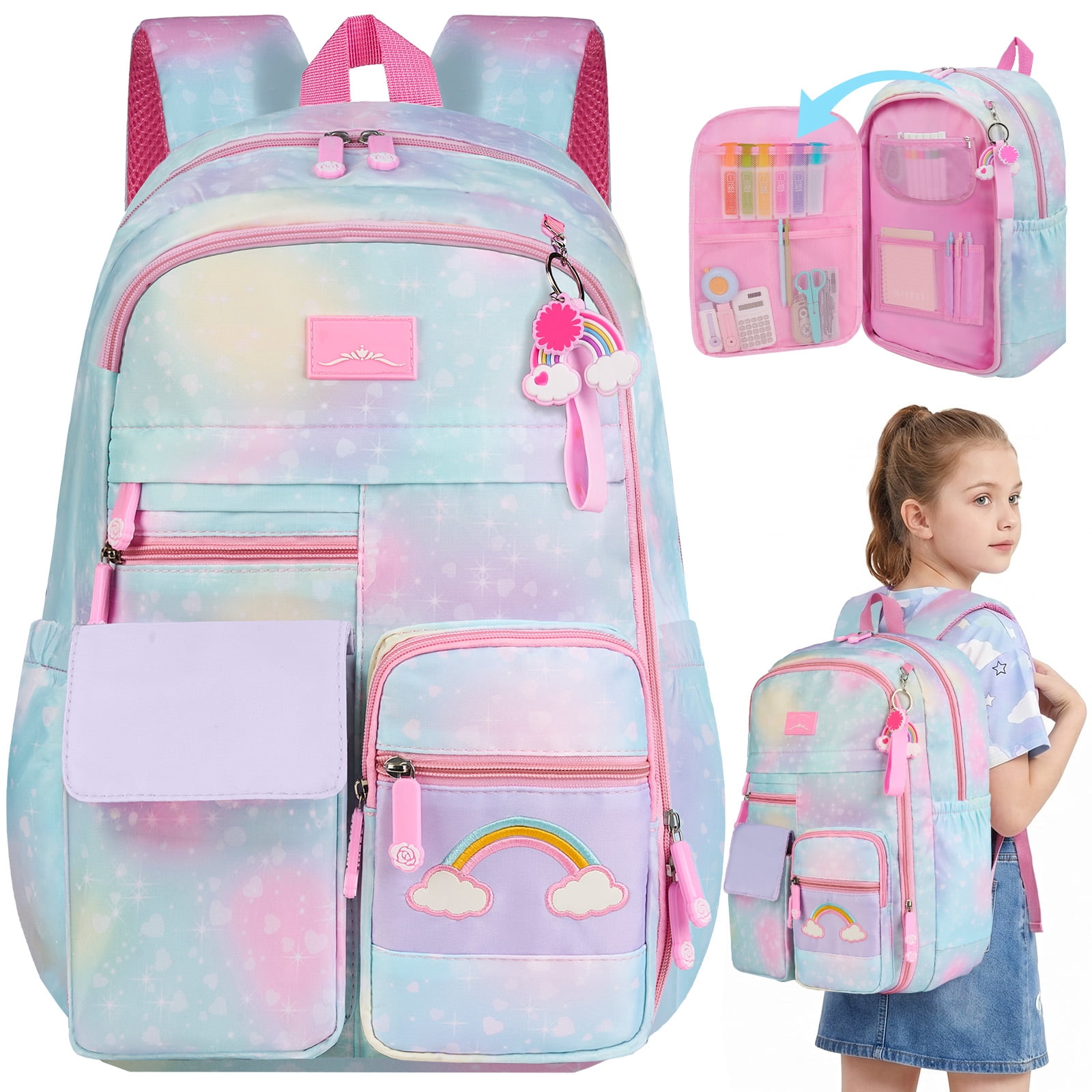 DAKIMOE School Backpack Starry Rainbow Bookbag Cute Large Capacity Backpack Multifunction Fashion Casual Laptop Travel Daypacks Kawaii Bag For Teens Students, Blue, 17 inch