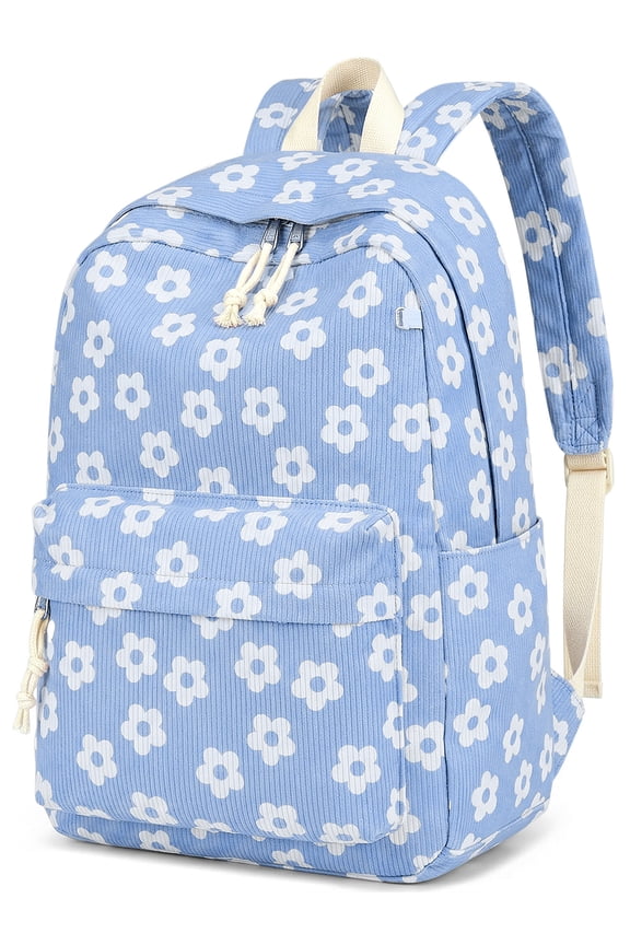 School Backpack for Teen Girls Bookbags Elementary High School Corduroy Laptop Bags Women Travel Daypacks Middle School College Big Blue Flower