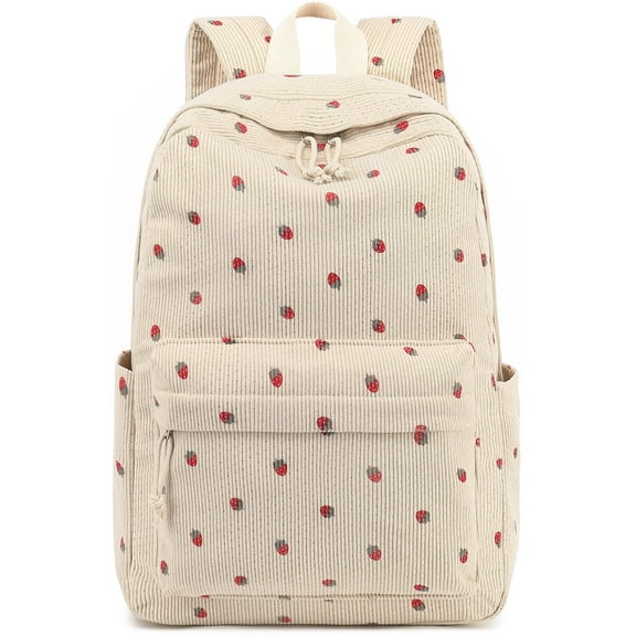 DAKIMOE School Backpack for Kids Teens Girls Cute Girlish Middle High School Bookbag Large Capacity Lightweight Daypack for College Students Beige Strawberry