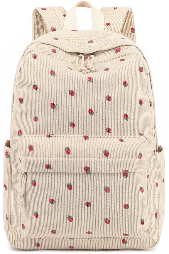 School Backpack for Kids Teens Girls Cute Girlish Middle High School Bookbag Large Capacity Lightweight Daypack for College Students Beige Strawberry