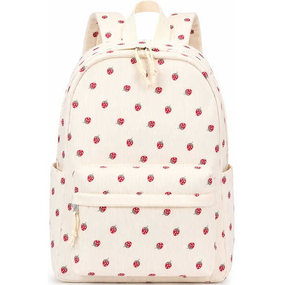 DAKIMOE School Backpack for Kids Teens Girls Cute Girlish Middle High School Bookbag Large Capacity Lightweight Daypack for College Students Beige Strawberry