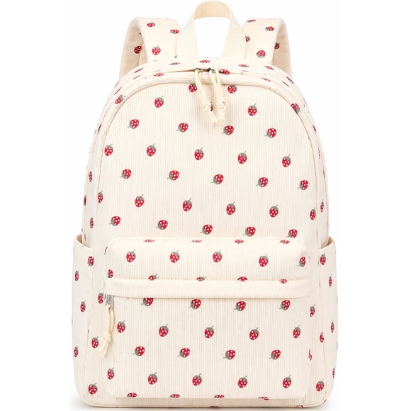 DAKIMOE School Backpack for Kids Teens Girls Cute Girlish Middle High School Bookbag Large Capacity Lightweight Daypack for College Students Beige Strawberry