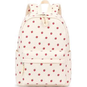 DAKIMOE School Backpack for Kids Teens Girls Cute Girlish Middle High School Bookbag Large Capacity Lightweight Daypack for College Students Beige Strawberry