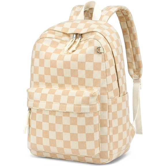DAKIMOE School Backpack for Teens Cute Girlish Middle High School Bookbag Large Capacity Lightweight Daypack for College Students Brown and White Check