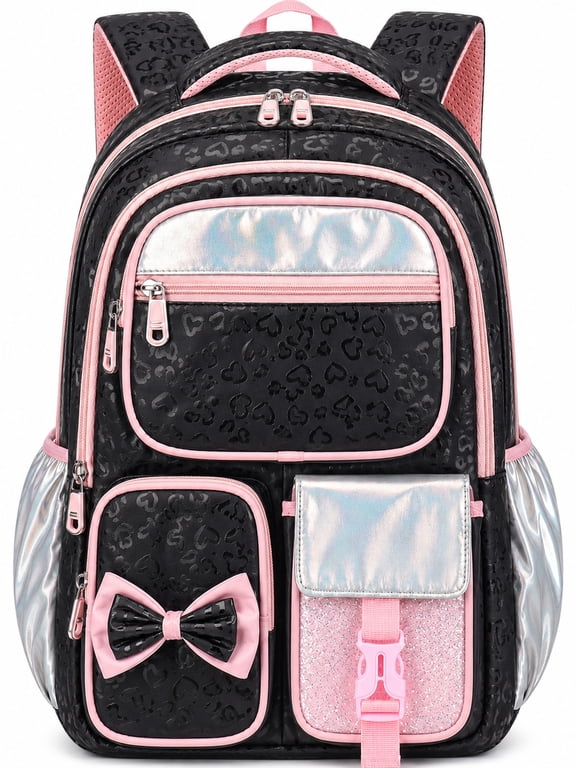 School Backpack for Teens Cute Girlish Middle High School Bookbag Large Capacity Lightweight Waterproof Daypack for College Students, Black and Pink
