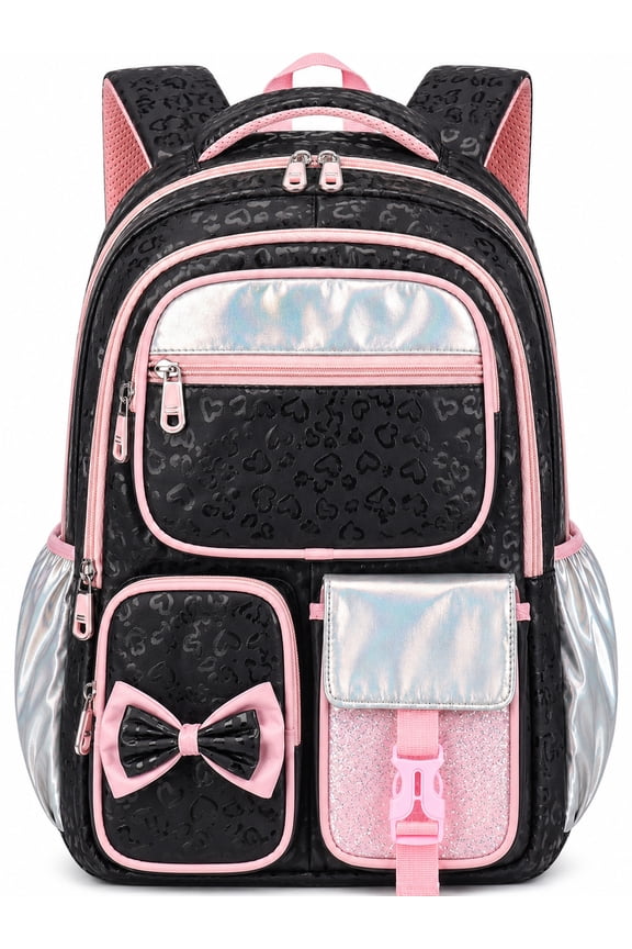 School Backpack for Teens Cute Girlish Middle High School Bookbag Large Capacity Lightweight Waterproof Daypack for College Students, Black and Pink