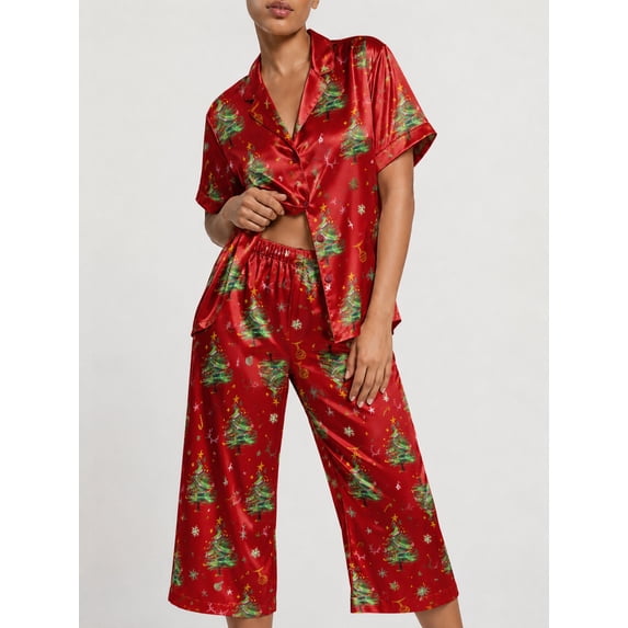 DAKIMOE Silk Satin Pajama Set for Women Capri Pajamas Short Sleeve Button Down Two Piece Pjs Sleepwear Soft Loungewear Nightwear
