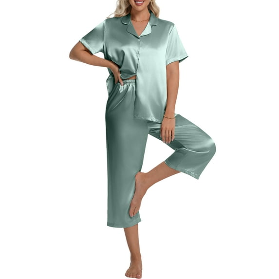 DAKIMOE Silk Satin Pajama Set for Women Capri Pajamas Short Sleeve Button Down Two Piece Pjs Sleepwear Soft Loungewear Nightwear