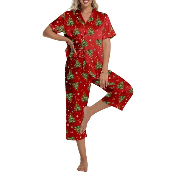 DAKIMOE Silk Satin Pajama Set for Women Capri Pajamas Short Sleeve Button Down Two Piece Pjs Sleepwear Soft Loungewear Nightwear
