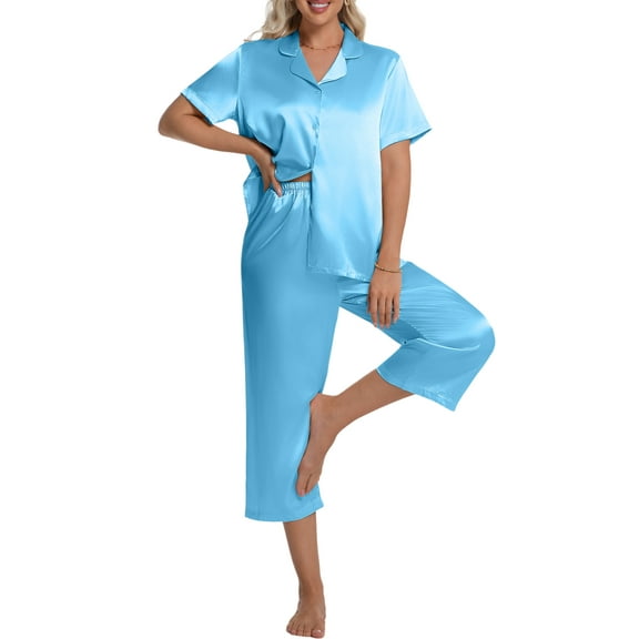DAKIMOE Silk Satin Pajama Set for Women Capri Pajamas Short Sleeve Button Down Two Piece Pjs Sleepwear Soft Loungewear Nightwear