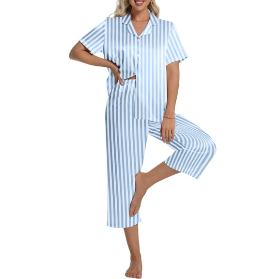 DAKIMOE Silk Satin Pajama Set for Women Capri Pajamas Short Sleeve Button Down Two Piece Pjs Sleepwear Soft Loungewear Nightwear