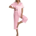 thumbnail image 1 of DAKIMOE Silk Satin Pajama Set for Women Capri Pajamas Short Sleeve Button Down Two Piece Pjs Sleepwear Soft Loungewear Nightwear, 1 of 8
