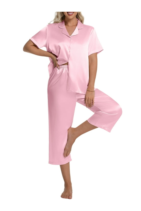 Silk Satin Pajama Set for Women Capri Pajamas Short Sleeve Button Down Two Piece Pjs Sleepwear Soft Loungewear Nightwear