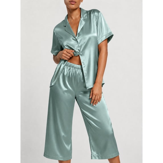 DAKIMOE Silk Satin Pajama Set for Women Capri Pajamas Short Sleeve Button Down Two Piece Pjs Sleepwear Soft Loungewear Nightwear