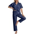 thumbnail image 1 of DAKIMOE Silk Satin Pajama Set for Women Short Sleeve Two Piece Button Down Pjs Sleepwear Soft Loungewear Nightwear, Navy Leopard Print, 1 of 8