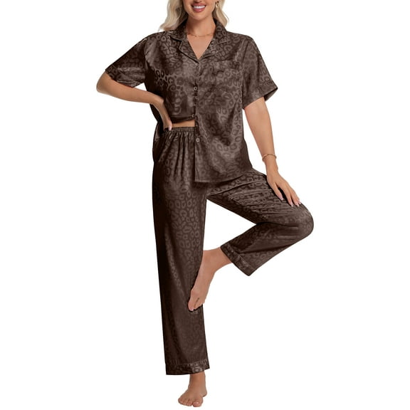 DAKIMOE Silk Satin Pajama Set for Women Short Sleeve Two Piece Button Down Pjs Sleepwear Soft Loungewear Nightwear, Brown Leopard Print