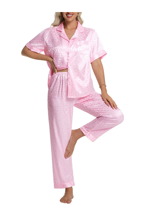 Silk Satin Pajama Set for Women Short Sleeve Two Piece Button Down Pjs Sleepwear Soft Loungewear Nightwear, Pink Leopard Print