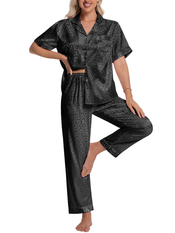 Silk Satin Pajama Set for Women Short Sleeve Two Piece Button Down Pjs Sleepwear Soft Loungewear Nightwear, Black Leopard Print