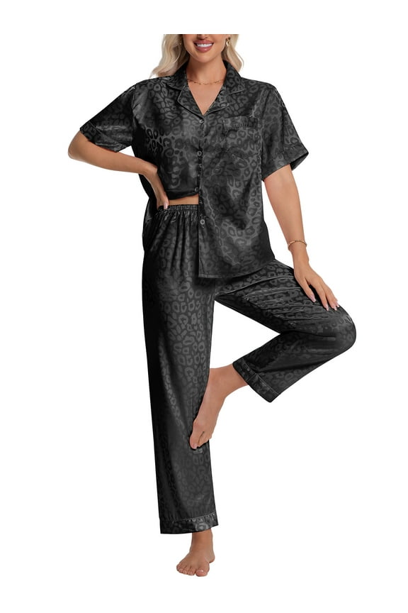 Silk Satin Pajama Set for Women Short Sleeve Two Piece Button Down Pjs Sleepwear Soft Loungewear Nightwear, Black Leopard Print
