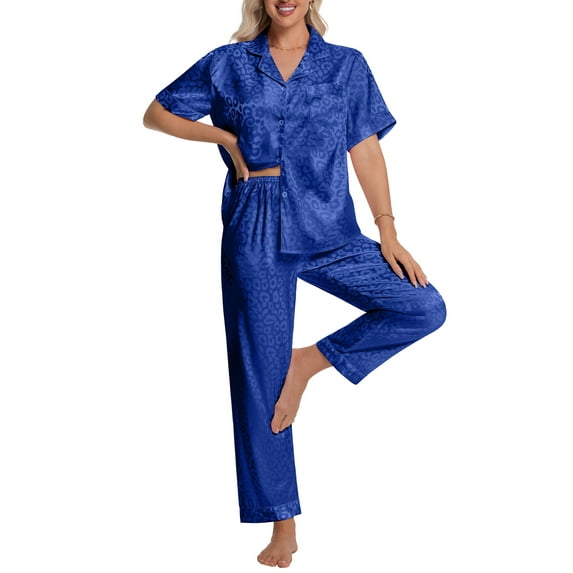 DAKIMOE Silk Satin Pajama Set for Women Short Sleeve Two Piece Button Down Pjs Sleepwear Soft Loungewear Nightwear, Royal Blue Leopard Print