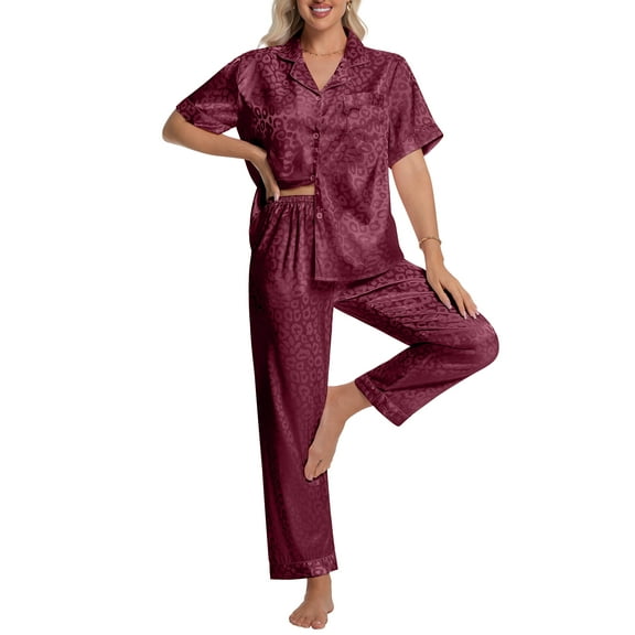 DAKIMOE Silk Satin Pajama Set for Women Short Sleeve Two Piece Button Down Pjs Sleepwear Soft Loungewear Nightwear, Wine Red Leopard Print