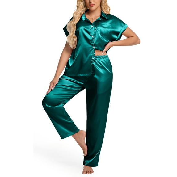 DAKIMOE Silk Satin Pajamas Set for Women Two-Piece Sleepwear Short Sleeve Pjs Soft Button Down Shirt and Wide Leg Long Pants with Pockets