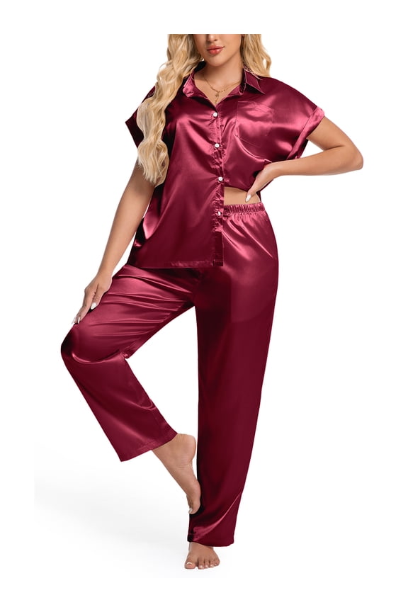 Silk Satin Pajamas Set for Women Two-Piece Sleepwear Short Sleeve Pjs Soft Button Down Shirt and Wide Leg Long Pants with Pockets