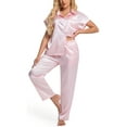 thumbnail image 1 of DAKIMOE Silk Satin Pajamas Set for Women Two-Piece Sleepwear Short Sleeve Pjs Soft Button Down Shirt and Wide Leg Long Pants with Pockets, 1 of 7
