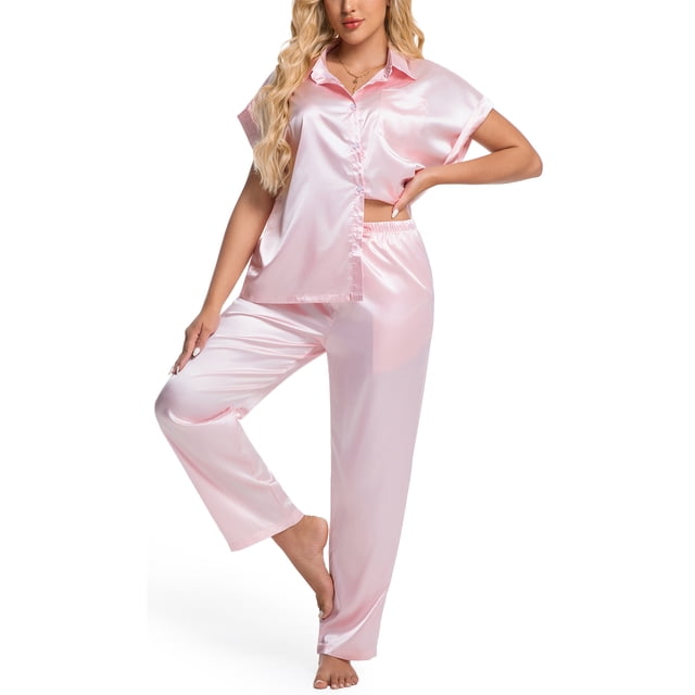 DAKIMOE Silk Satin Pajamas Set for Women Two-Piece Sleepwear Short Sleeve Pjs Soft Button Down Shirt and Wide Leg Long Pants with Pockets