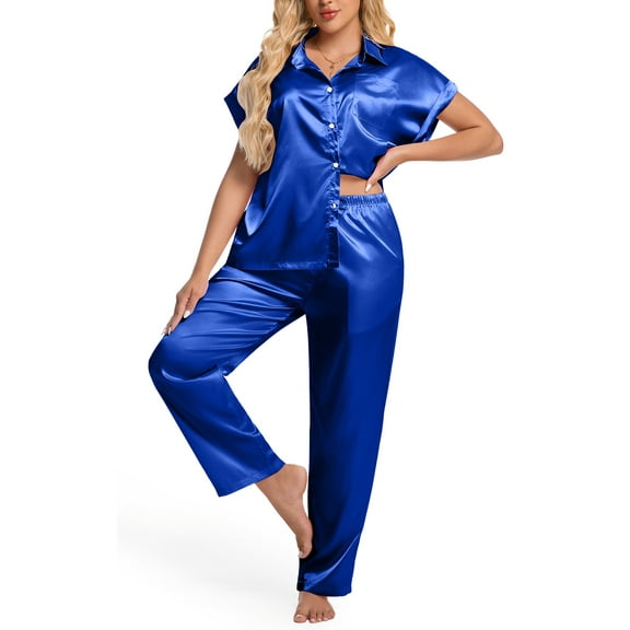DAKIMOE Silk Satin Pajamas Set for Women Two-Piece Sleepwear Short Sleeve Pjs Soft Button Down Shirt and Wide Leg Long Pants with Pockets