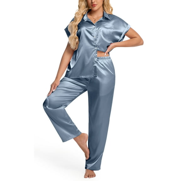 DAKIMOE Silk Satin Pajamas Set for Women Two-Piece Sleepwear Short Sleeve Pjs Soft Button Down Shirt and Wide Leg Long Pants with Pockets