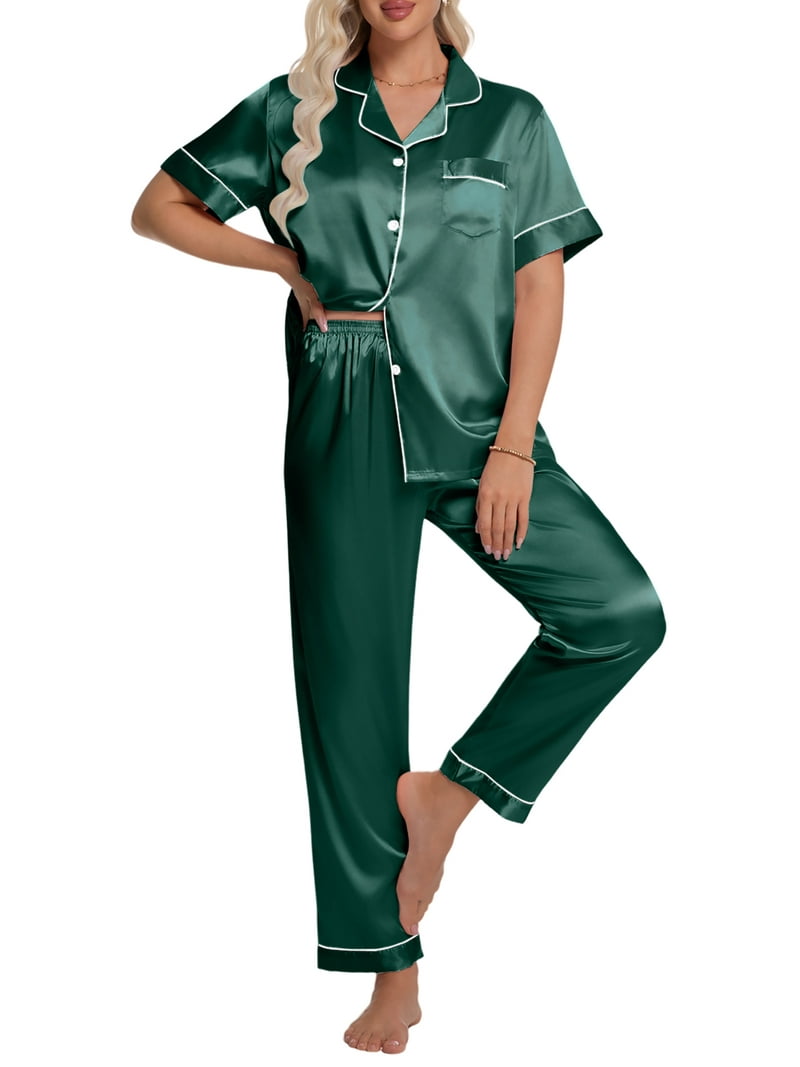 DAKIMOE Women's Silk Satin Pajamas, Short Sleeve Shirt and Long