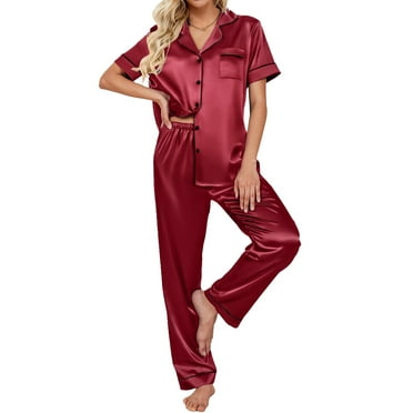 DAKIMOE Silk Satin Pajamas Set for Women Two-Piece Short Sleeve Shirt with Long Pajama Pant Set Soft Button Down Loungewear Nightwear Pjs Sleepwear for Women