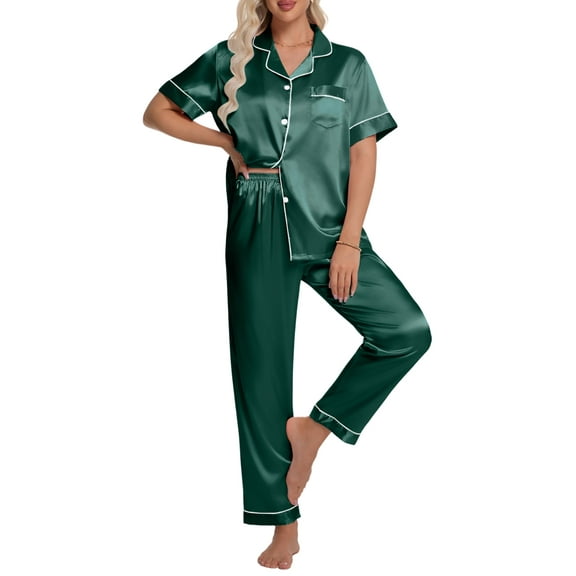 DAKIMOE Silk Satin Pajamas Set for Women Two-Piece Short Sleeve Shirt with Long Pajama Pant Set Soft Button Down Loungewear Nightwear Pjs Sleepwear for Women