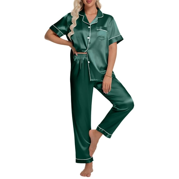 DAKIMOE Silk Satin Pajamas Set for Women Two-Piece Short Sleeve Shirt with Long Pajama Pant Set Soft Button Down Loungewear Nightwear Pjs Sleepwear for Women